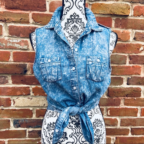 lei Tops - LEI Juniors Acid Button Down Denim Jean Vest Tunic
